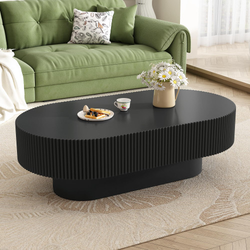 Merax Modern Oval Coffee Table with Sturdy Base, Wood Minimalist Fluted Center Tables for Living Room