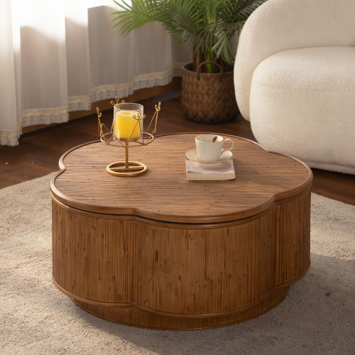 KEIKI 31.5" Round Coffee Table for Living Room, Flower-Shaped Rattan Coffee Table with Lift-Off Lid Storage
