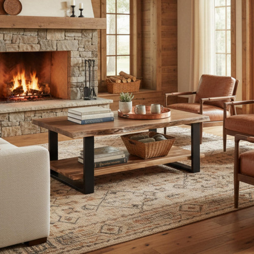 Alaterre Furniture Alpine 2-Tier Live Edge Coffee Table – 48" Solid Acacia Wood with Natural Finish, Lower Shelf Storage and Metal Frame