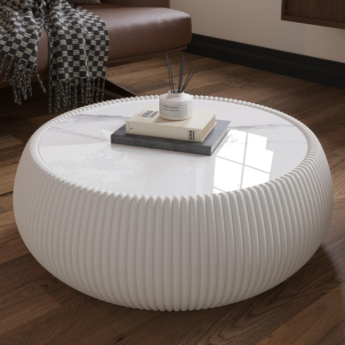 KEIKI Round Coffee Table, Mid Century Modern Tea Tables w/Marble Desktop, No Assembly Required Drum Shaped Corner Center Drink Tables