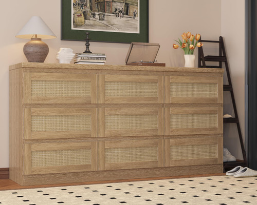 9 Drawer Dresser with Charging Station, Farmhouse Chest of Drawers, Wide Closet Dresser Storage Organizer for Bedroom, Living Room