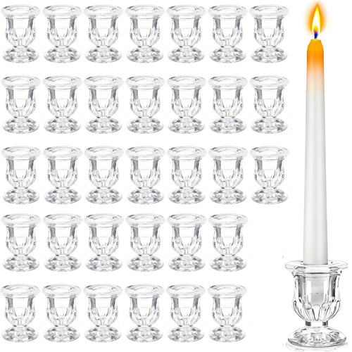 48 Pcs Clear Glass Taper Candle Holders Bulk, 2.5 Inch Small Candlestick Stands, Elegant Table Centerpieces for Wedding