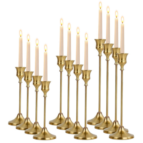 French Gold Taper Candle Holders 4 Sets(12 Pcs) - Tall Metal Candlestick Holders for Table Centerpiece, Formal Dinner