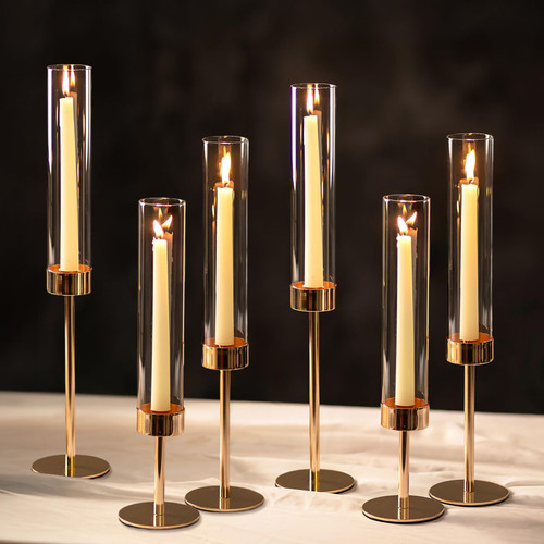 6 Pcs Gold Taper Candlestick Holders - Tall Modern Candles Stick Decor with Cylinder Shape Cover for Dinner Table Centerpiece