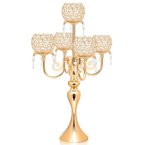 5 Arm Gold Candle Holder 22.5 Inch Tall Crystal with Pendant, Romantic Home Decor Elegant Candlestick Holder for Dates