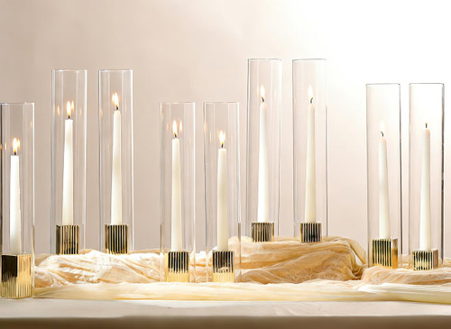 LETINE 14" Tall Hurricane Candle Holders with Gold Ribbed Taper Candle Holders Set of 9– Bulk Windproof Taper Candle Hurricane Glass for Outdoor&Indoors