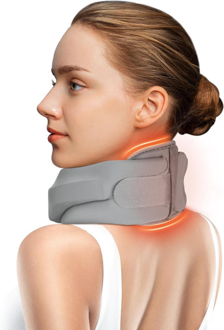 Heated Neck Brace Cervical Collar - Neck Support Brace with Heating Pad, Soft Foam Wraps Keep Vertebrae Stable and Aligned for Relief of Cervical Spine Pressure for Women & Men (Medium Size) Grey