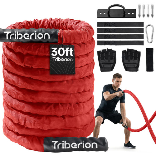 Battle Rope for Home Gym Workout - 1.5 Inch 30ft Heavy Weighted Training Exercise Ropes Fitness Equipment with Sleeve and Anchor Strap Kit for Outdoor Working Out - Red