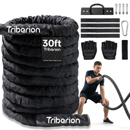 Battle Rope For Home Gym Workout - 1.26 Inch 30ft Heavy Weighted Training Exercise Ropes Fitness Equipment With Sleeve And Anchor Strap Kit For Outdoor Working Out