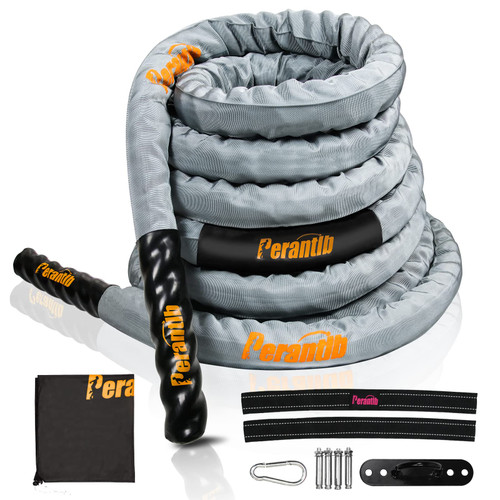 Perantlb Battle Rope with Cloth Sleeve -1.5/2 Inch Diameter 30' 40' 50' Lengths -Gym Muscle Toning Metabolic Workout Fitness, Battle Rope Anchor Strap Kit Included(2" x40ft)
