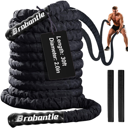 Brobantle Battle Rope 2 Inch Diameter,Black 30FT Exercise Workout Ropes for Home Gym Heavy Weighted Training Rope for Working Out