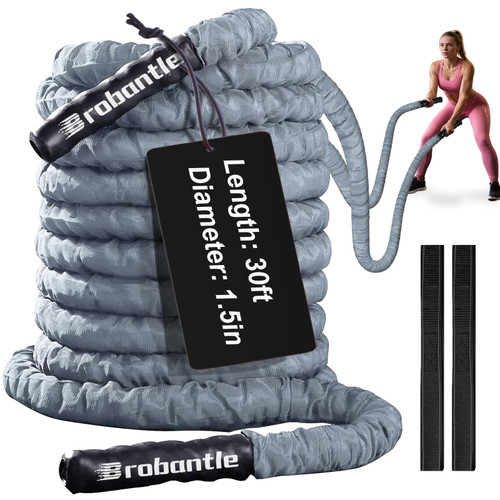 Brobantle Battle Rope 1.5 Inch Diameter,Gray 30FT Exercise Workout Ropes for Home Gym Heavy Weighted Training Rope for Working Out