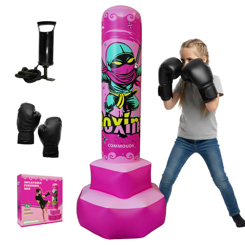 COMMOUDS 67inch Punching Bag for Kids, Inflatable Kids Boxing Set with Gloves, Fast Rebound Punching Bag for Practicing Karate, Taekwondo, MMA, Christmas/Birthday Gift for Boys Girls, Ages 6-14 (Pink)
