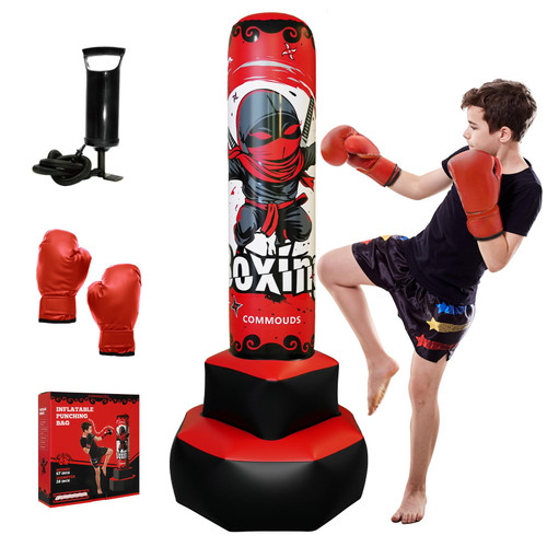 COMMOUDS 67inch Punching Bag for Kids, Inflatable Kids Boxing Set with Gloves, Fast Rebound Punching Bag for Practicing Karate, Taekwondo, MMA, Christmas/Birthday Gift for Boys Girls, Ages 6-14 (Red)