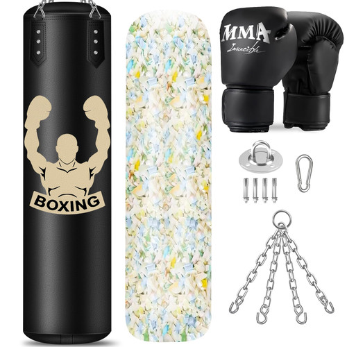 Filled Punching Bag for Adults, 4FT PU Leather Hanging Bag with 11lb Sponge Filler, Come with 12OZ Gloves, Heavy Bag Boxing Equipment for Training Karate Kickboxing Home Gym
