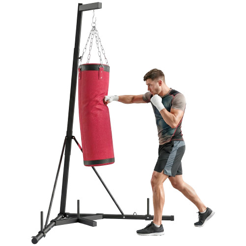 Soozier Punching Bag with Stand for Adults, 72.8"-90.9" Height Adjustable Freestanding Boxing Stand with Canvas Sandbag, Stable Triangular Base and 1" Weight Plate Storage for Home Gym MMA, Red