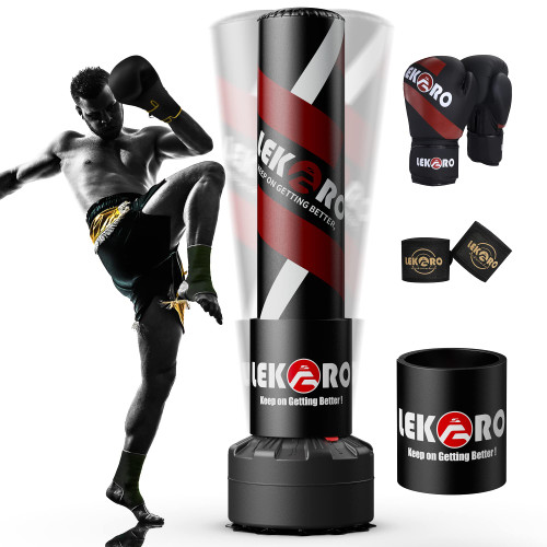 LEKÄRO Punching Bag 70" with Boxing Gloves, Heavy Boxing Bag with Stand for Adult Teens, Kickboxing Bag for MMA Muay Thai Fitness (Black red)