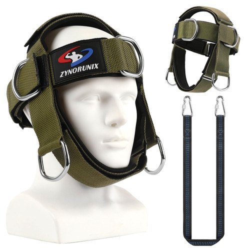 Fitness Neck Head Harness Trainer, Adjustable Chin Strap and Head Harness Strength with Nylon Tether, Neoprene Neck Exerciser for Weight Lifting, Home and Gym Use, Green