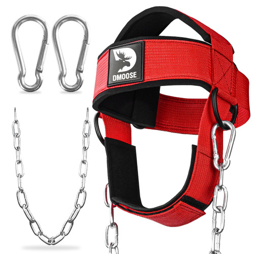 DMoose Fitness Neck Harness for Weight Lifting - Soft Padded Head & Chin Strap with 30" Heavy Duty Steel Chain - Neck Exerciser, Trainer & Strengthener to Support Injury Recovery (Red)