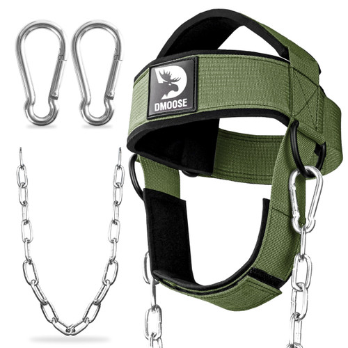 DMoose Fitness Neck Harness for Weight Lifting - Soft Padded Head & Chin Strap with 30" Heavy Duty Steel Chain - Neck Exerciser, Trainer & Strengthener to Support Injury Recovery (Military Green)