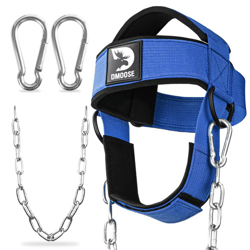 DMoose Fitness Neck Harness for Weight Lifting - Soft Padded Head & Chin Strap with 30" Heavy Duty Steel Chain - Neck Exerciser, Trainer & Strengthener to Support Injury Recovery (Blue)