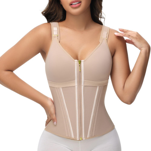 SHAPSHE Waist Trainer Corset for Women Tummy Control Sport Workout Body Shaper Vest for Postpartum Gym Zipper and Hooks Tan XS