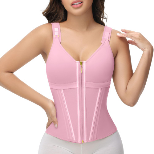SHAPSHE Waist Trainer Corset for Women Tummy Control Sport Workout Body Shaper Vest for Postpartum Gym Zipper and Hooks Pink XS