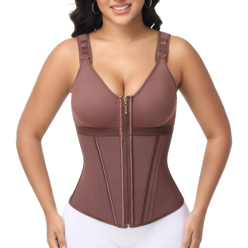 SHAPSHE Waist Trainer Corset for Women Tummy Control Sport Workout Body Shaper Vest for Postpartum Gym Zipper and Hooks Mocha XL