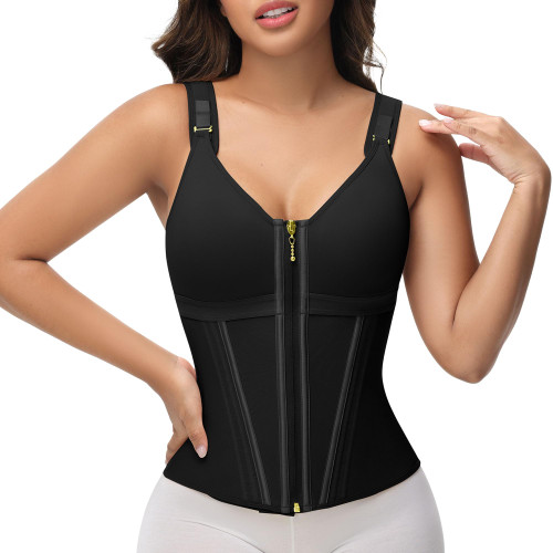 SHAPSHE Waist Trainer Corset for Women Tummy Control Sport Workout Body Shaper Vest for Postpartum Gym Zipper and Hooks Black S