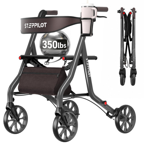 StepPilot Zero Wobble Rollator Walker with Seat for Seniors, 350lb Capacity, 18" Extra Wide Seat, 8" Wheels & Dual Brake, One-Hand Folds to 9.6", 7-Level Handle Adjustable, Cup Holder & Cane Clip