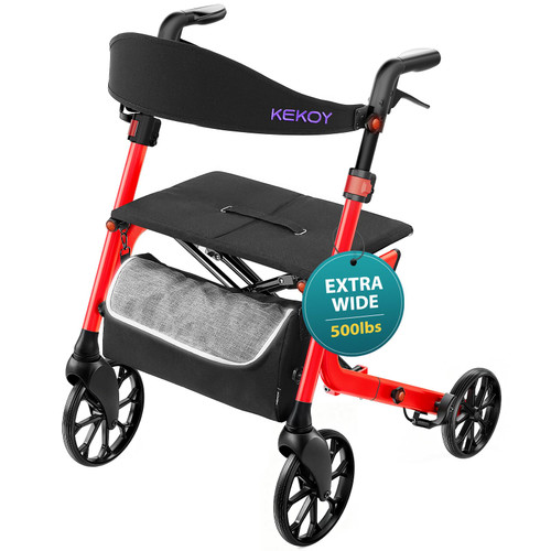 Kekoy Bariatric Rollator Walker for Seniors with Seat, 500 lbs Heavy Duty Walker, 19.5" Extra-Wide Seat, 10" All-Terrain Wheels, Adjustable Height, Foldable Rolling Walker, Hidden Brake Cables, Red