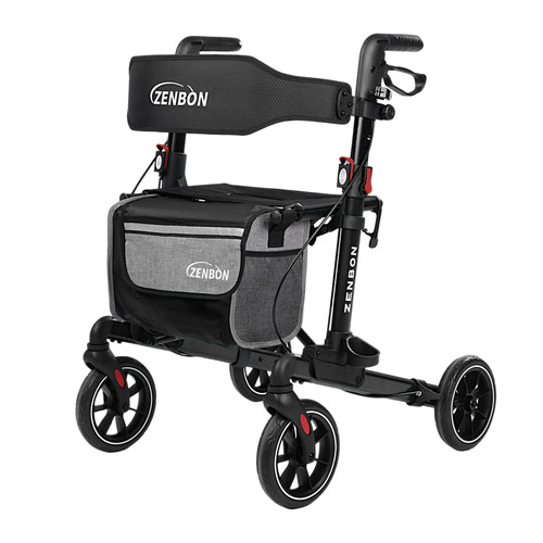Rollator Walker for Seniors/Adults Foldable in Two Directions Rolling Walker with Seat 330 lbs Capacity 4 Big 8 inch Wheels Hand Grips Adjustable Height Lightweight Aluminum Walker 7204(Black)