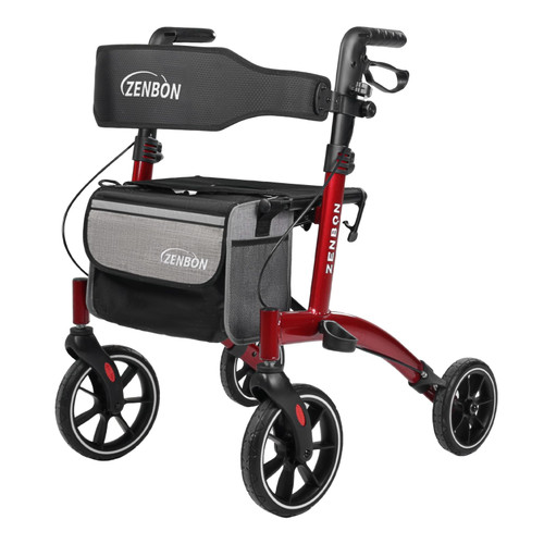 Rollator Walker for Seniors/Adults Foldable Rolling Walker with Seat 330 lbs Capacity 4 Big 8 inch Wheels Hand Grips Adjustable Height Lightweight Aluminum Walker 7205(Red)