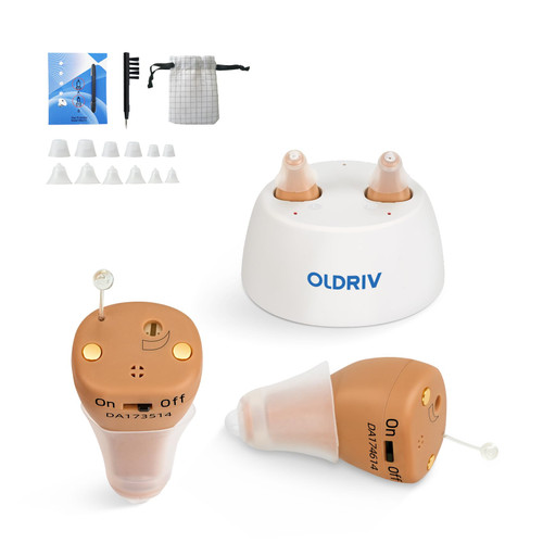 OLDRIV Rechargeable Hearing Aids for Adults Seniors, OTC Hearing Aids for Adults Seniors Rechargeable with Noise Cancelling, Invisible Hearing Aid, 1 Pair (Beige)