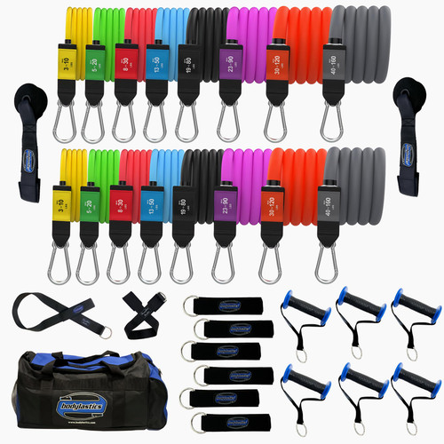 Bodylastics Pro Series Resistance Band Set-Resistance Bands, Handles, Ankle Straps, Door Anchor, Carry Bag Heavy-Duty Exercise Bands and Snap Reduction Tech (3-1120 Lbs Set Assorted)