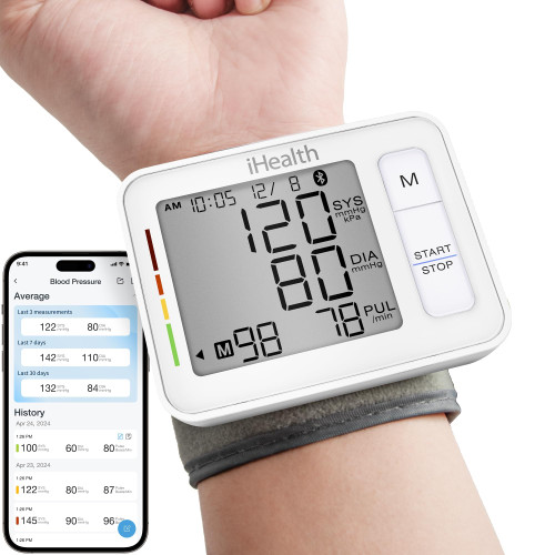 iHealth Push Wrist Blood Pressure Monitor, Bluetooth Smart BP Machine with App, Clinically Validated, Large Digital Display & Travel Case, High Accuracy for Home Use, Cuff Fits 5.5"-7.75"