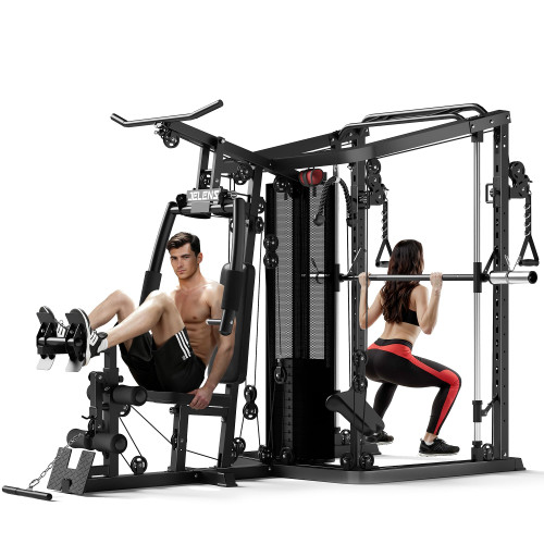 JELENS HM01 Home Gym System, 150LB Weight Stack Smith Machine with LAT Pull-Down & Leg Press, All-in-One Strength Training Equipment, Workout Station for Workout (Black, Classical Package)