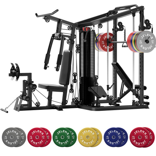 JELENS HM01 Home Gym System, 150LB Weight Stack Smith Machine with LAT Pull-Down & Leg Press, All-in-One Strength Training Equipment, Workout Station for Workout (Black, 370LBS Colored Weights )