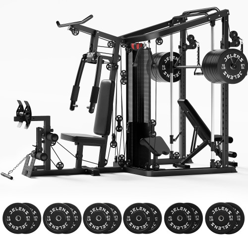JELENS HM01 Home Gym System, 150LB Weight Stack Smith Machine with LAT Pull-Down & Leg Press, All-in-One Strength Training Equipment, Workout Station for Workout (Black, 370LBS Black Weights Package)