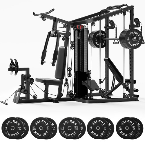 JELENS HM01 Home Gym System, 150LB Weight Stack Smith Machine with LAT Pull-Down & Leg Press, All-in-One Strength Training Equipment, Workout Station for Workout (Black, 260LBS Black Weights Package)