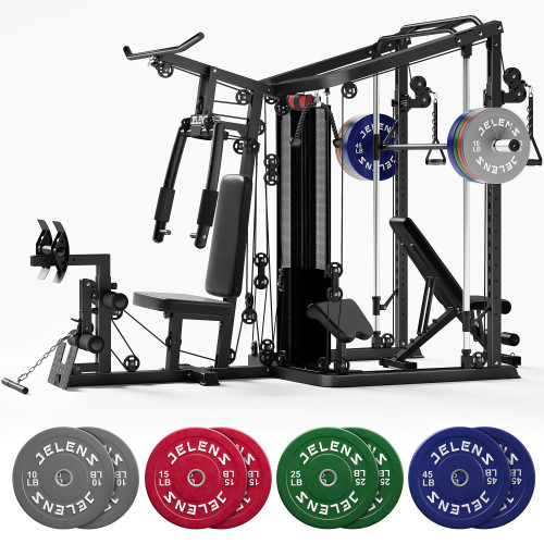 JELENS HM01 Home Gym System, 150LB Weight Stack Smith Machine with LAT Pull-Down & Leg Press, All-in-One Strength Training Equipment, Workout Station for Workout (Black, 190LBS Colored Weights)