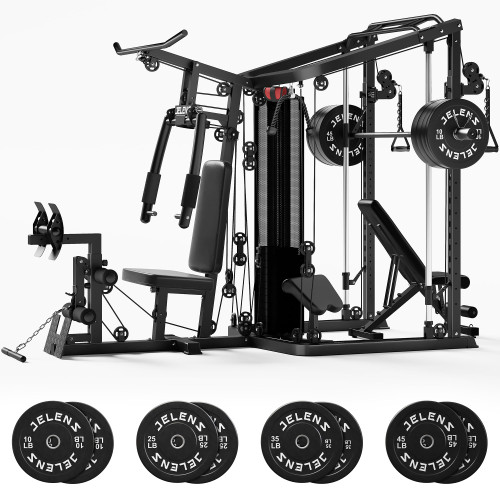 JELENS HM01 Home Gym System, 150LB Weight Stack Smith Machine with LAT Pull-Down & Leg Press, All-in-One Strength Training Equipment, Workout Station for Workout (Black, 230LBS Black Weights Package)