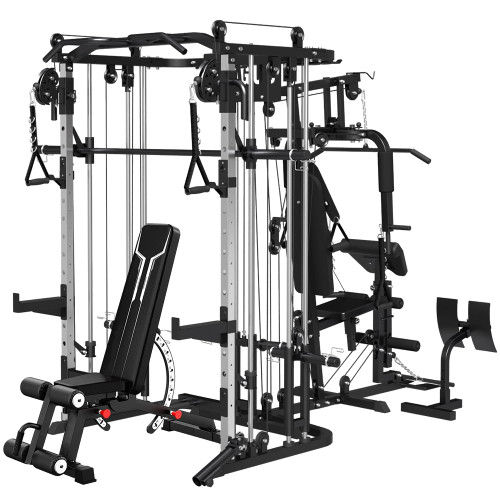 FAGUS H All in One Home Gym System Workout Station with Adjustable Weight Bench,Multifunction Smithe Machine Power Cage with Cable Crossover,Tripe-Sided Independent Load Posts Functional Trainer,Black