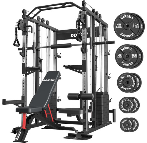 DONOW Smith Machine with Weight Stacks, Power Cage Home Gym System with LAT Pulldown Cable Crossover Multi-Functional Trainer with Dual Pulley System with Weight Bench Cast Iron Weight Plates 240lbs