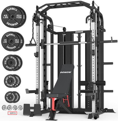 DONOW Smith Machine with Weight Stacks, Power Cage Home Gym System with LAT Pulldown Cable Crossover Multi-Functional Trainer with Dual Pulley System with Weight Bench Cast Iron Weight Plates 240lbs