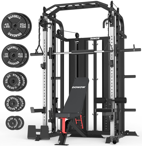 DONOW Smith Machine with Weight Stacks, Power Cage Home Gym System with LAT Pulldown Cable Crossover Multi-Functional Trainer with Dual Pulley System with Weight Bench Cast Iron Weight Plates 240lbs