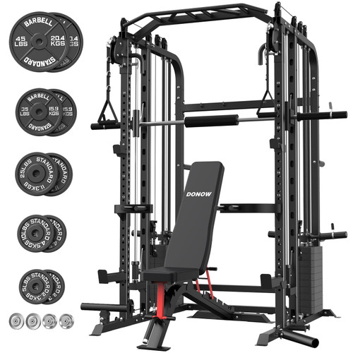 DONOW Smith Machine with Weight Stacks, Power Cage Home Gym System with LAT Pulldown Cable Crossover Multi-Functional Trainer with Dual Pulley System with Weight Bench Cast Iron Weight Plates 240lbs