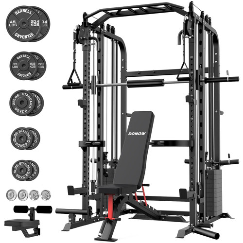 DONOW Smith Machine with Weight Stacks, Power Cage Home Gym System with LAT Pulldown Cable Crossover Multi-Functional Trainer with Dual Pulley System with Weight Bench Cast Iron Weight Plates 240lbs