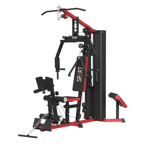 Multifunctional Home Gym Station, Home Gym Workout Exercise Equipment with 160LBS Weight Stack, Full Body Strength Training Workout Machine for Leg Press, LAT Pull Down, Chest Press, PEC Fly, Red