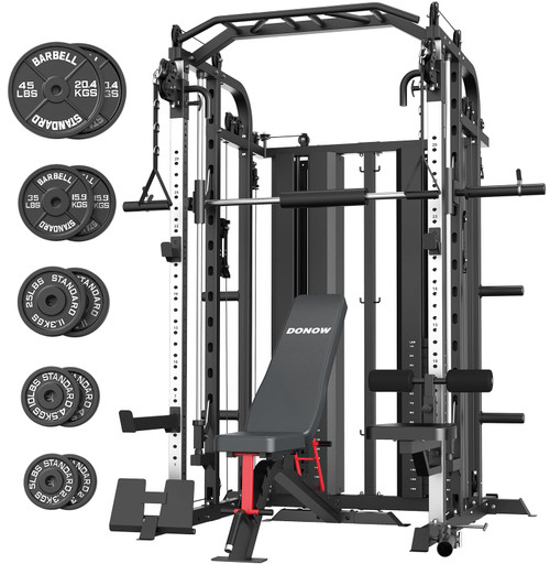 DONOW Smith Machine with Weight Stacks, Multi Function Home Gym System Training Power Cage Squat Rack Dual Cable Crossover Machine All in One